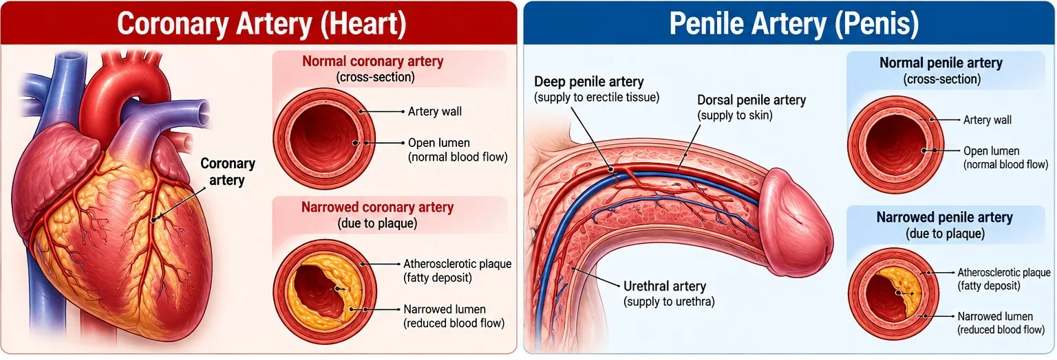 Penile artery diameter compared with coronary artery — why ED precedes heart disease, Condombazaar