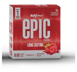 Manforce Epic Pleasure Long Lasting Premium Condoms for Men, Super Thin, Raspberry Flavour, Disposable Pouch (3 Counts)