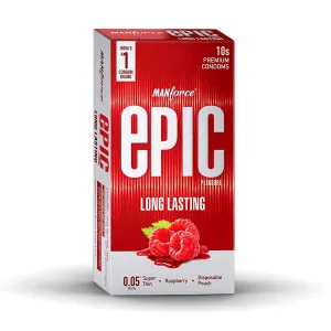 Manforce Epic Pleasure Long Lasting Premium Condoms for Men, Super Thin, Raspberry Flavour, Disposable Pouch (10 Counts)